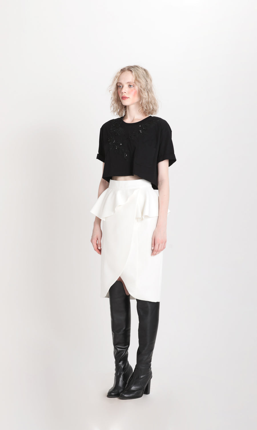 Black Flora Tee / White Ruffle Skirt
